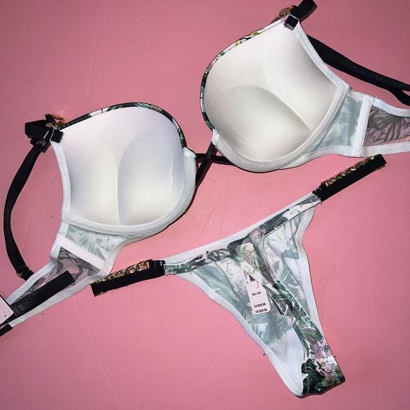 Victoria's Secret 32A,32B BOMBSHELL BRA SET XS GREEN pink Palm Gold SHINE STRAP - Picture 4 of 4